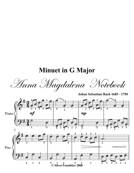 Minuet In G Major Anna Magdalena BWV Anh 116 Notebook Easy Piano Sheet Music