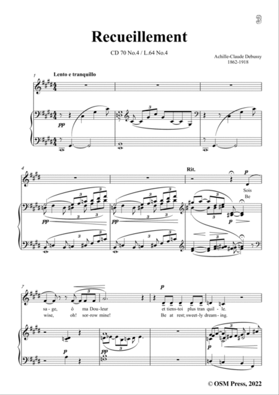 Debussy-Recueillement,CD 70 No.4,in c sharp minor,from '5 Poemes de Baudelaire,CD 70'for Voice and P Voice scores gallery preview page 3