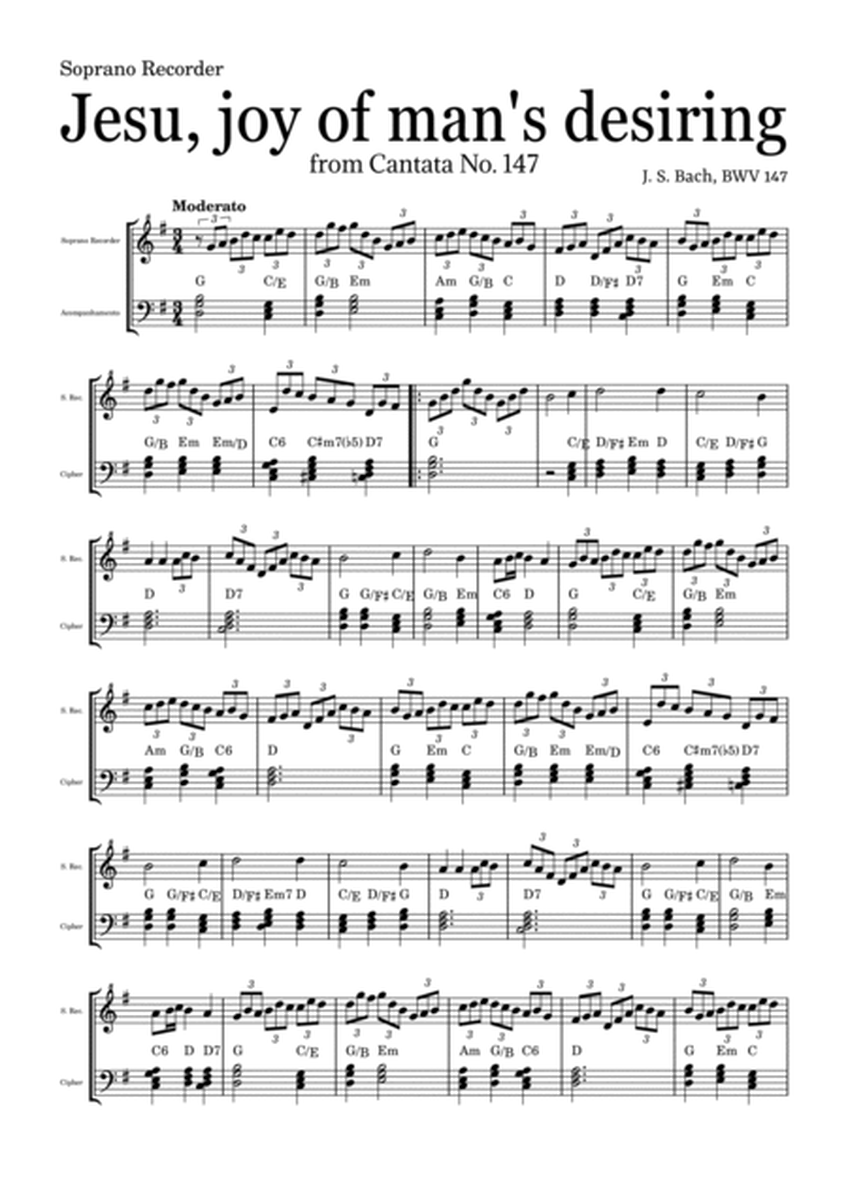 JESU, JOY OF MAN'S DESIRING by Bach - easy version for Soprano Recorder and piano with chords image number null