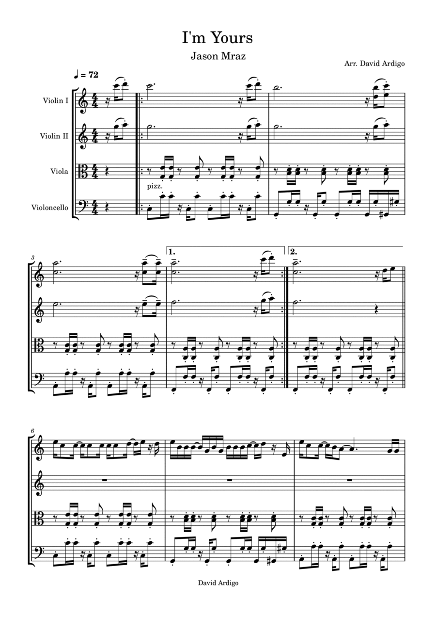 I'm Yours I'm Yours String Quartet scores gallery preview page 1