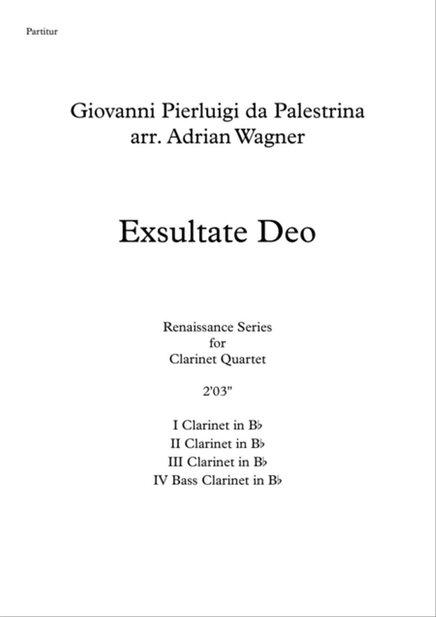 "Exsultate Deo" (Giovanni Pierluigi da Palestrina) Clarinet Quartet (B.Cl.) arr. Adrian Wagner image number null