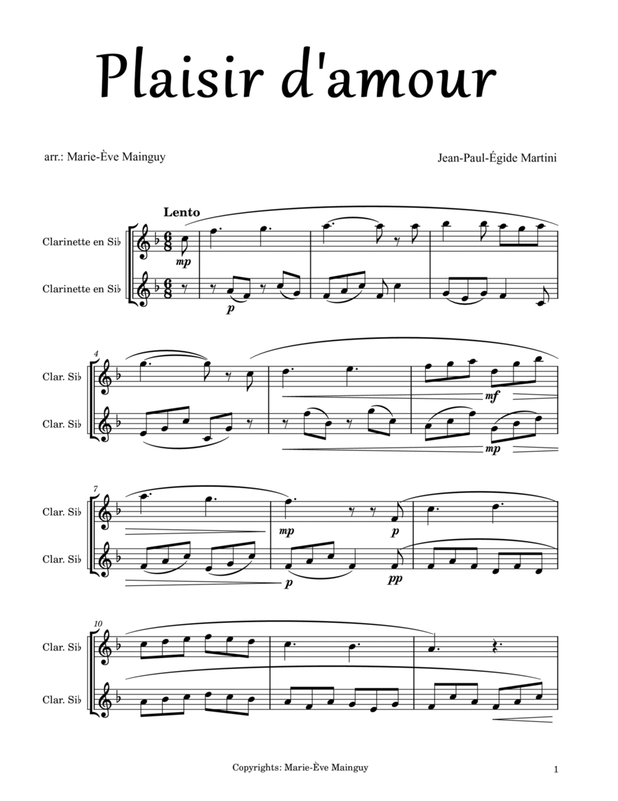 Plaisir d'amour Clarinet Duet scores gallery preview page 1
