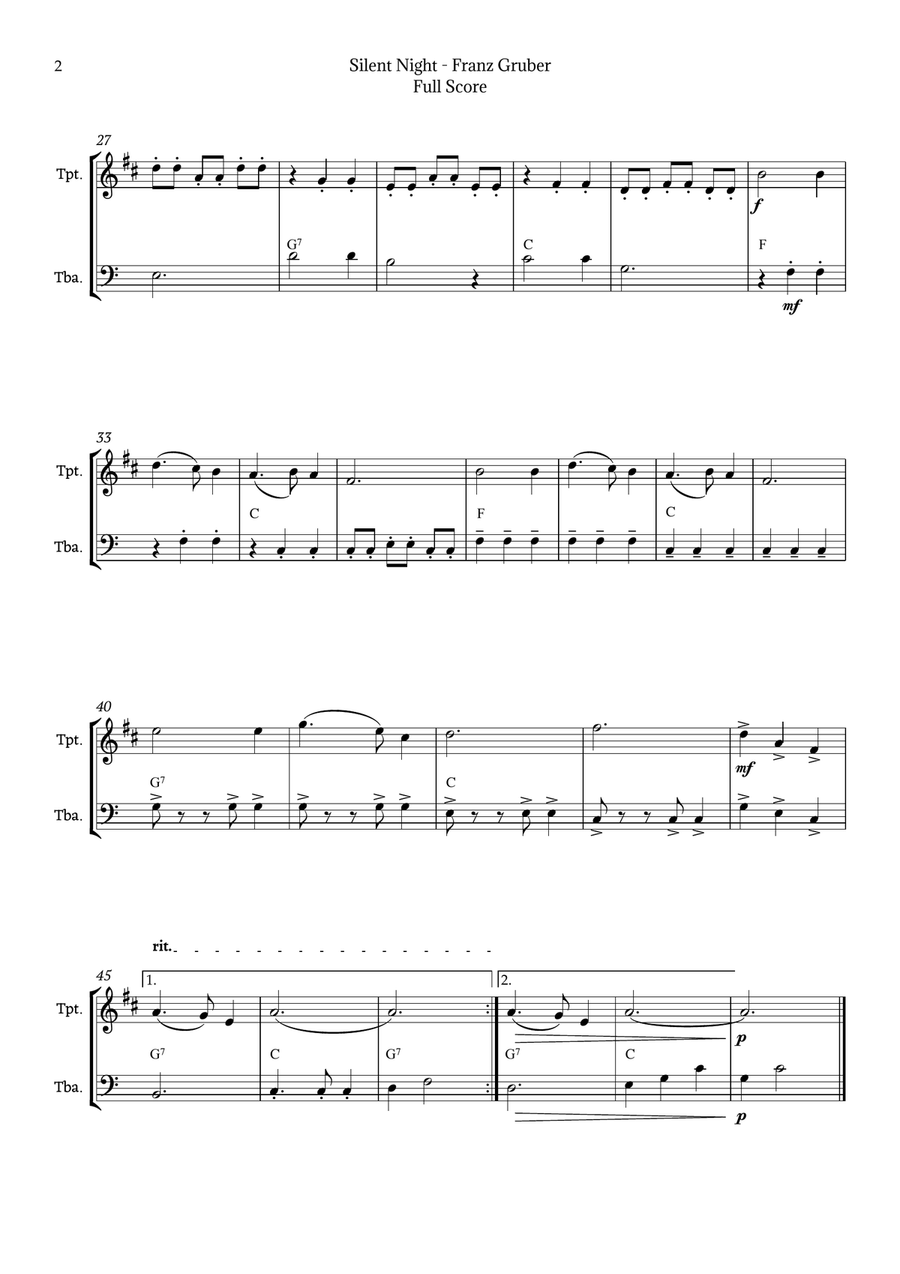 Silent Night for Trumpet and Tuba Duet Brass Duet scores gallery preview page 2