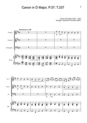 Book cover for Johann Pachelbel - Canon in D Major, P.37; T.337. Arrangement for Violin Duet, Violoncello and Piano