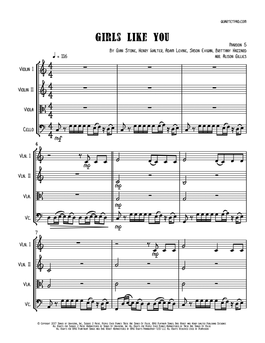 Girls Like You String Quartet scores gallery preview page 1
