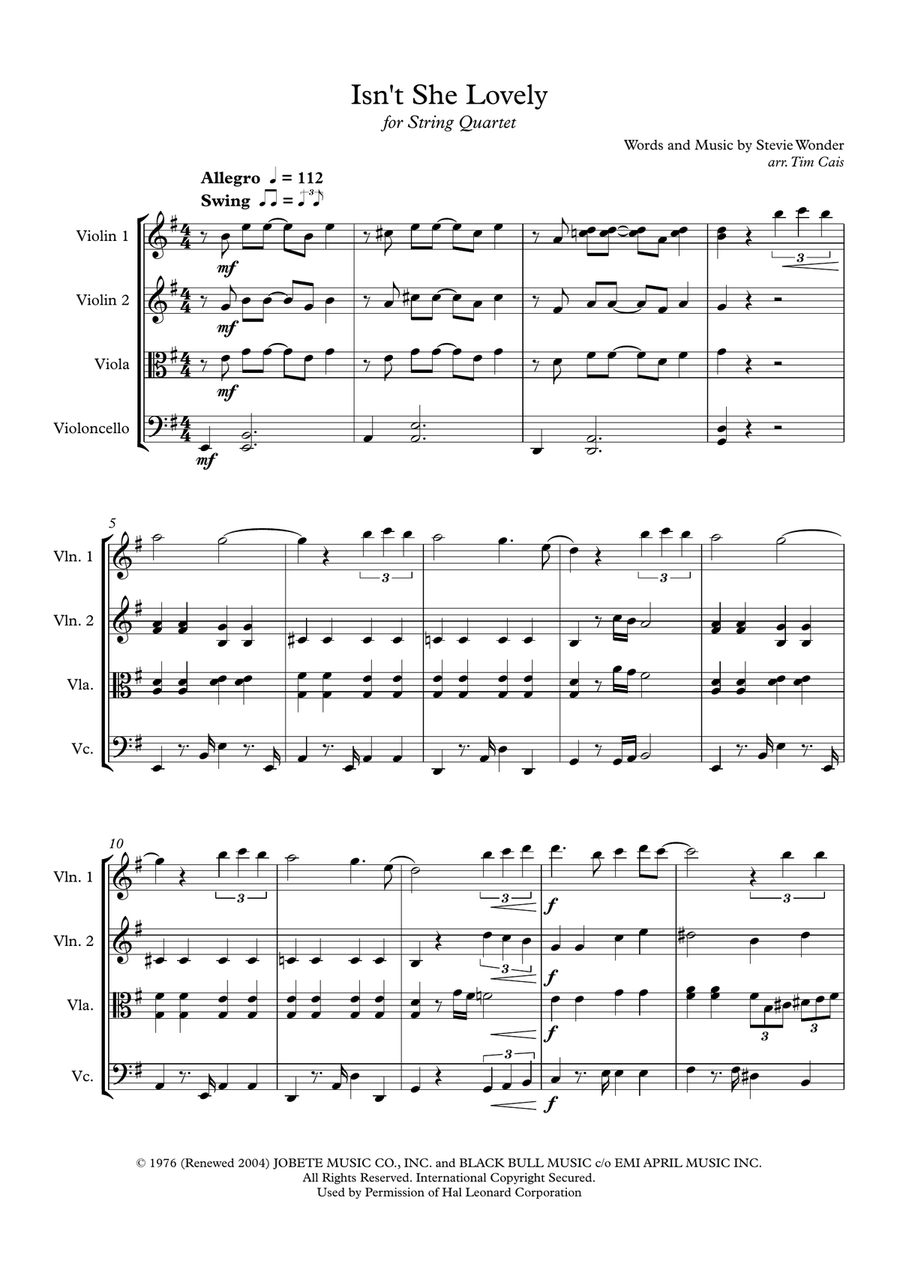 Isn't She Lovely String Quartet scores gallery preview page 1