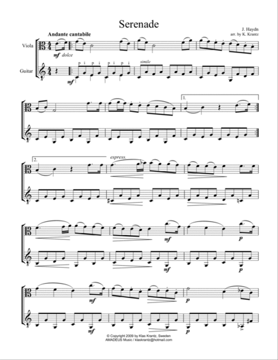 Serenade (abridged) for viola and easy guitar String Duet scores gallery preview page 2