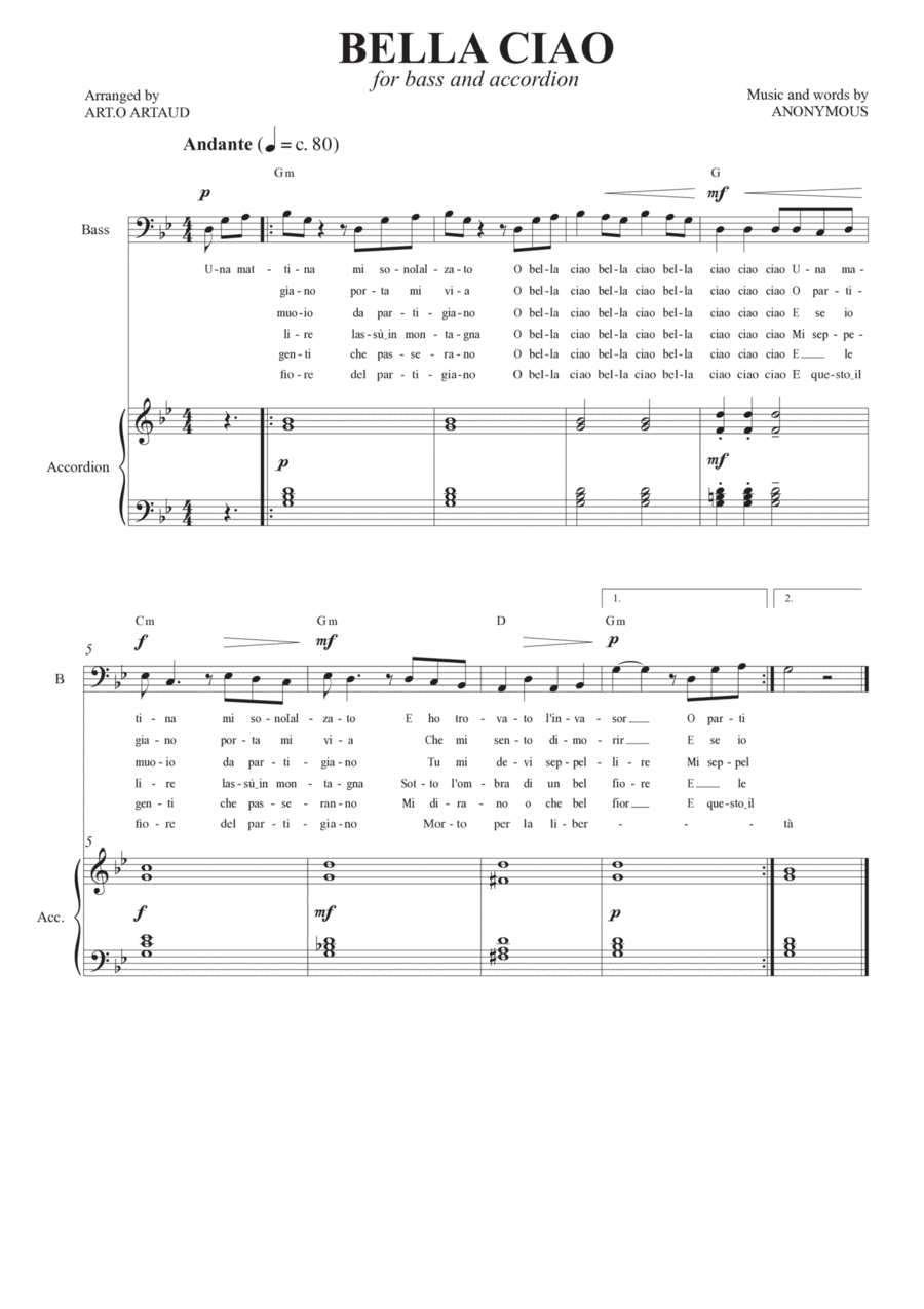 Arrangement in G minor for EASY level bass voice and EASY level accordion, with chords, of the Itali Bass Voice scores gallery preview page 1