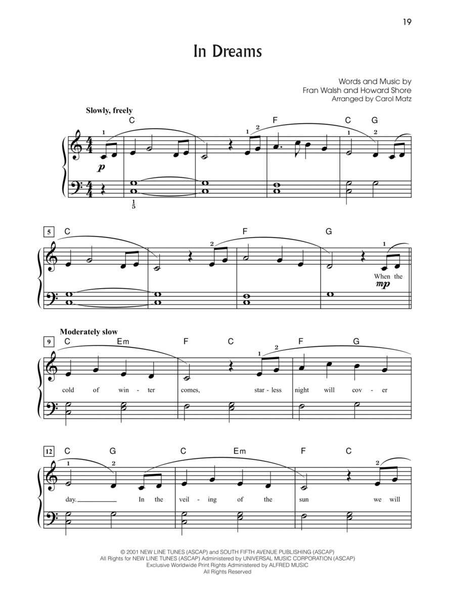 In Dreams (from The Lord Of The Rings: The Fellowship Of The Ring) (arr. Carol Matz) Easy Piano scores gallery preview page 1