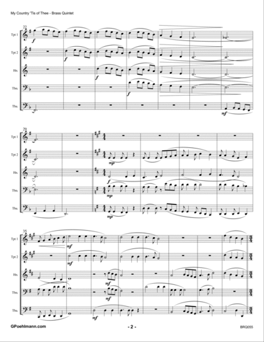 MY COUNTRY TIS OF THEE - BRASS QUINTET (or Sextet) - unaccompanied Brass Quintet scores gallery preview page 2