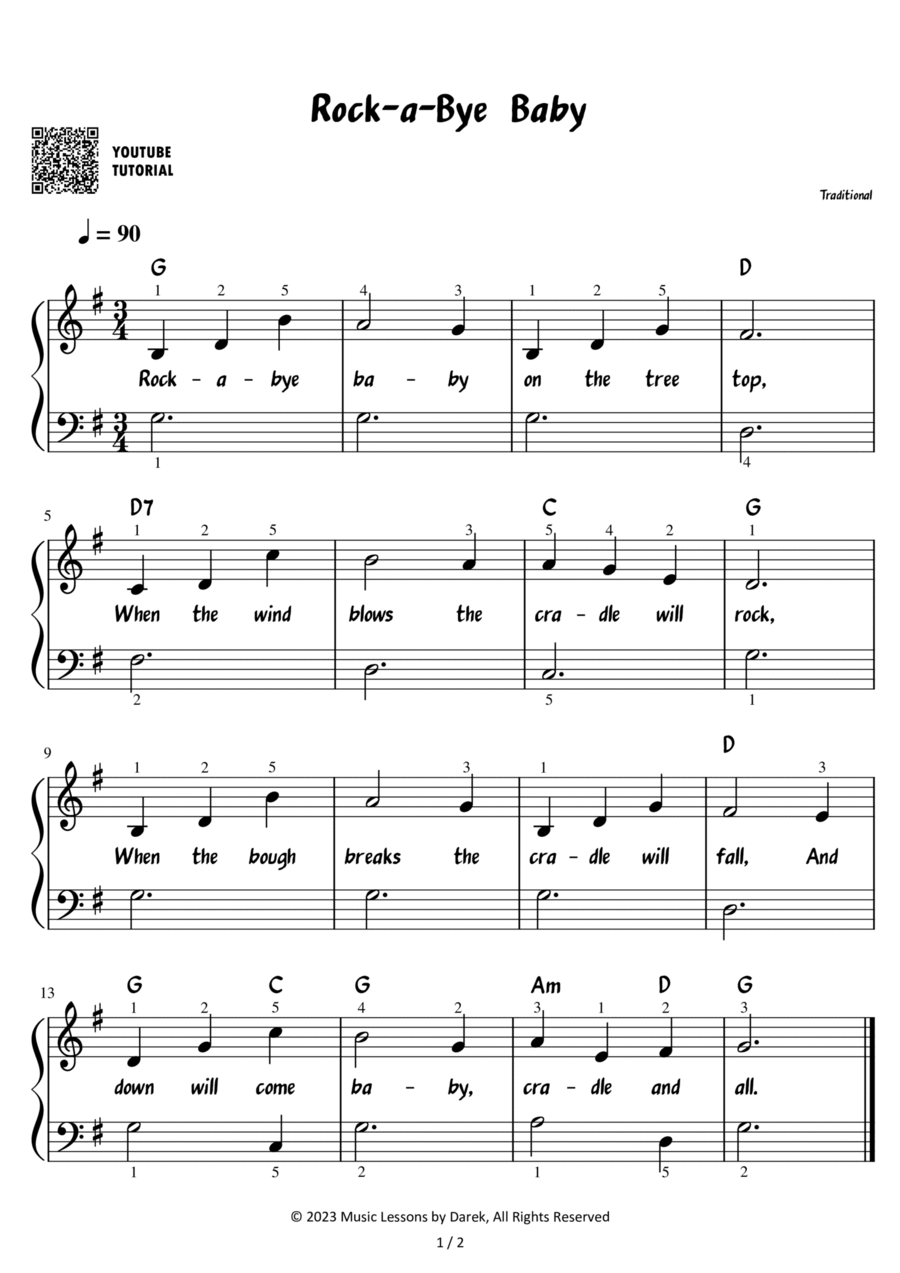 Rock-a-Bye Baby – Traditional Children Song [EASY] Easy Piano scores gallery preview page 1