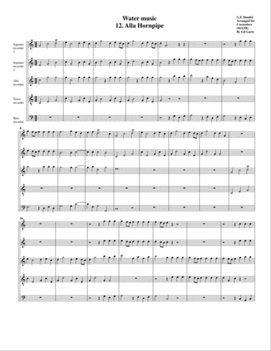 Alla hornpipe from Water music (arrangement for 5 recorders) Recorder scores gallery preview page 1