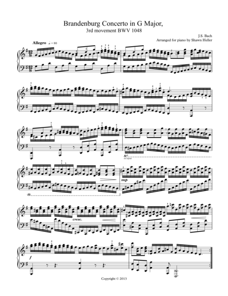 Allegro (3rd mvt.) from Brandenburg Concerto #3 in G maj., BWV 1048, Piano Solo arr. by Shawn Heller image number null
