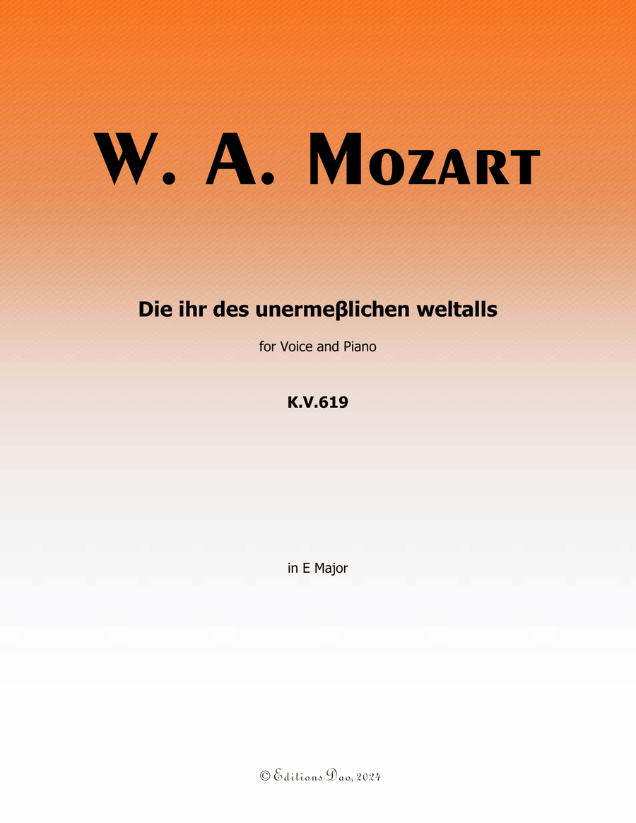 Die ihr des unermeβlichen weltalls, by Mozart, K.V.619, in E Major Piano, Vocal scores gallery preview page 1