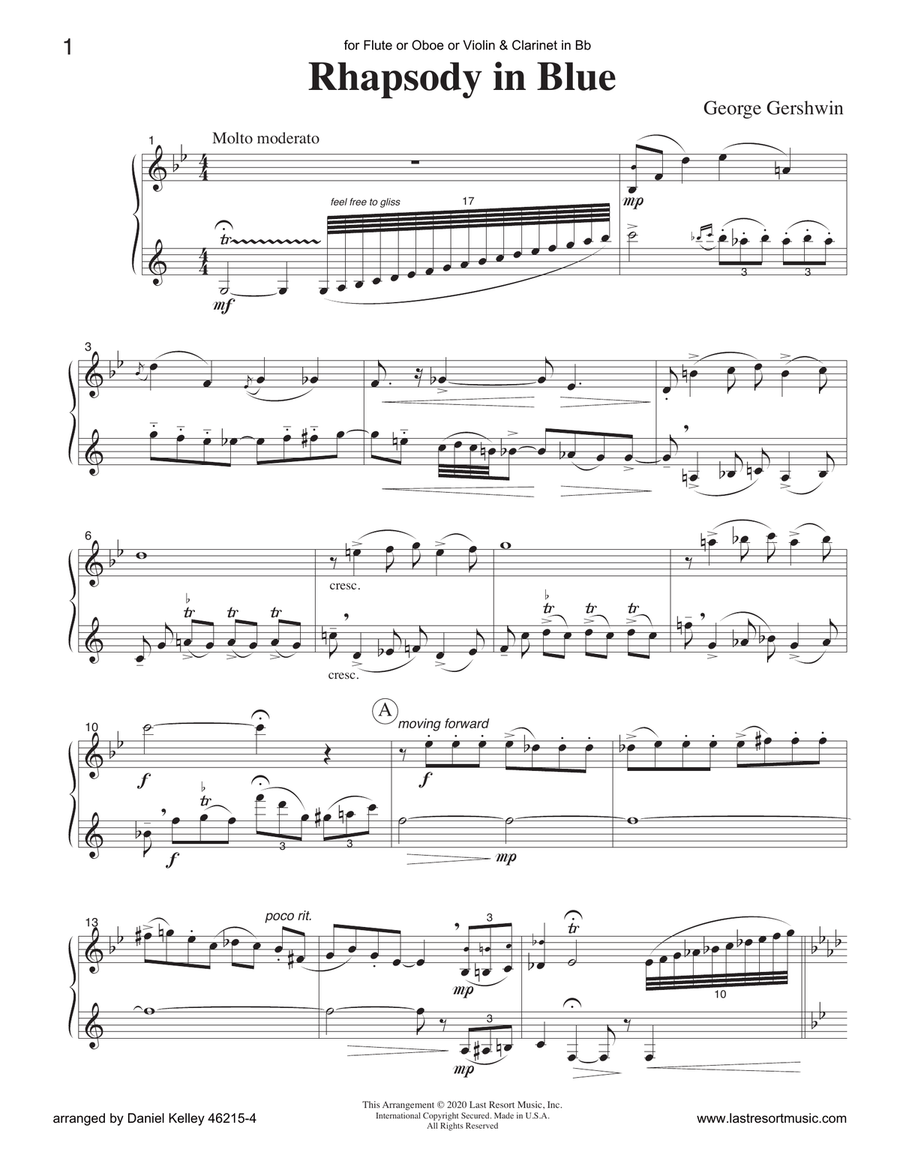 Rhapsody in Blue for Flute or Oboe or Violin & Clarinet Duet - Music for Two Woodwind Ensemble scores gallery preview page 1