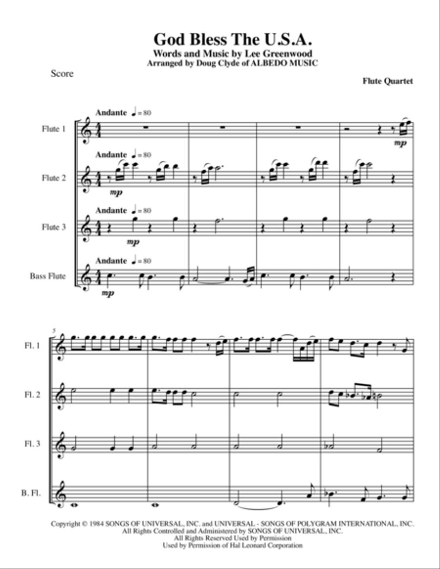 God Bless The U.S.A. Woodwind Quartet scores gallery preview page 1