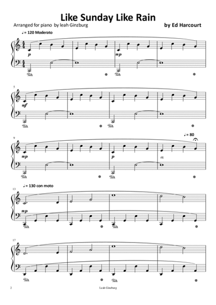 "Like Sunday, Like Rain" by Ed Harcourt, Soundtrack, Main Theme easy piano solo
