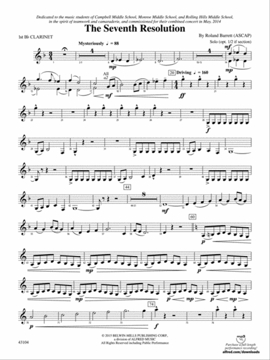 The Seventh Resolution: 1st B-flat Clarinet Concert Band scores gallery preview page 1
