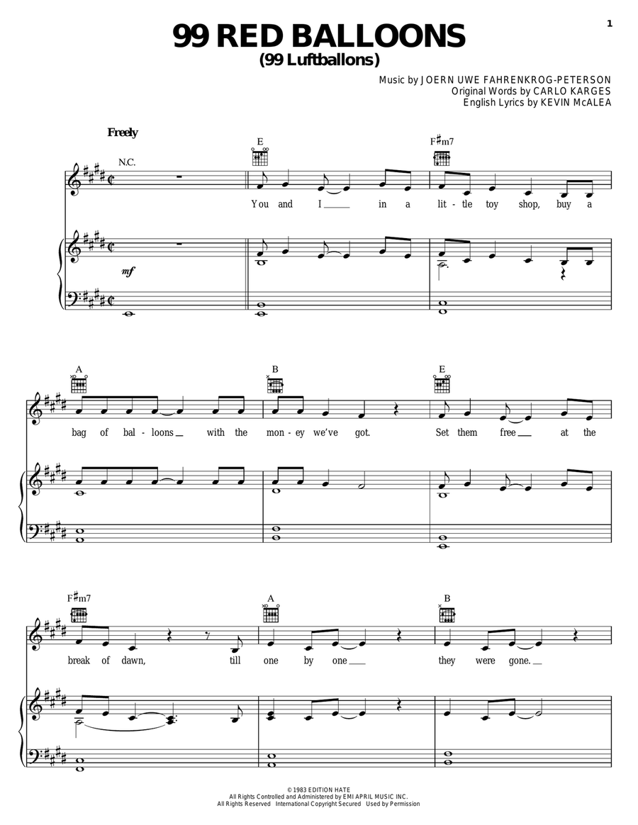 99 Red Balloons (99 Luftballons) Piano, Vocal, Guitar scores gallery preview page 1