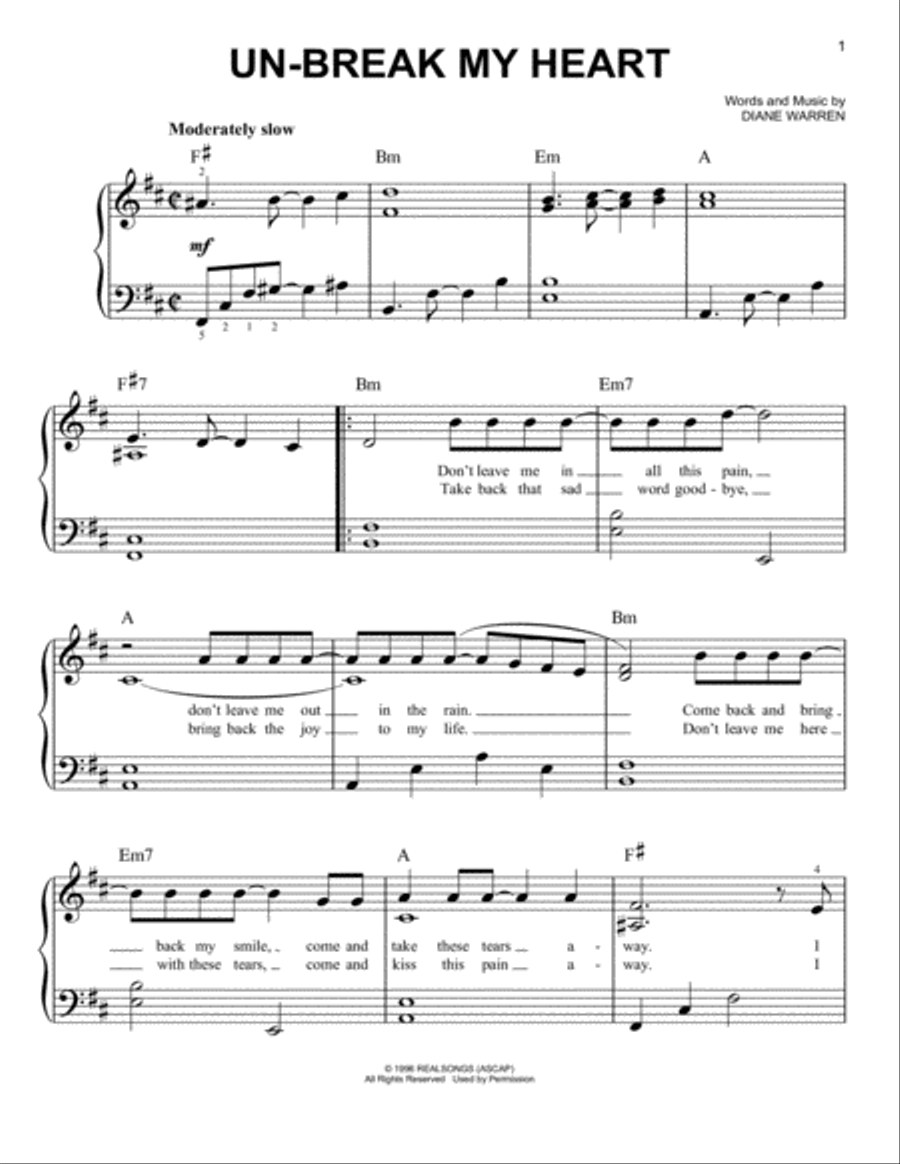 Un-break My Heart Easy Piano scores gallery preview page 1