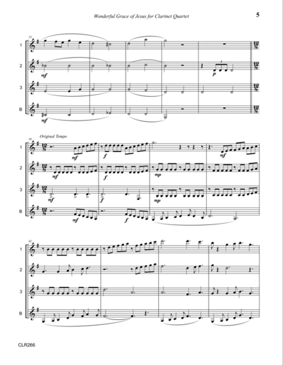 WONDERFUL GRACE OF JESUS - SSSS or SSSB CLARINET QUARTET (unaccompanied) Clarinet Quartet scores gallery preview page 5