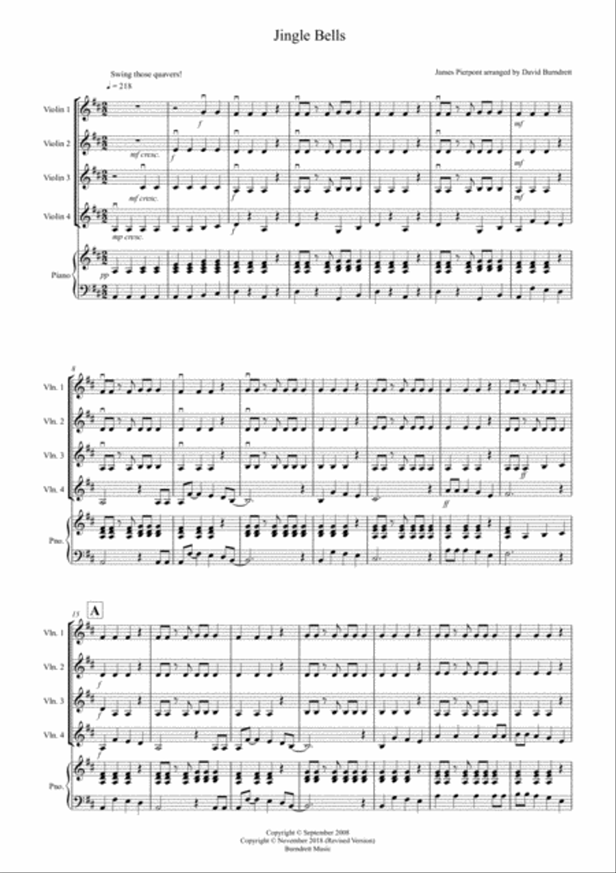 Jingle Bells (Jazzy Style!) for Violin Quartet Violin Solo scores gallery preview page 1