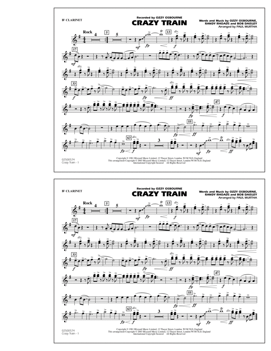 Crazy Train - Bb Clarinet Marching Band scores gallery preview page 1