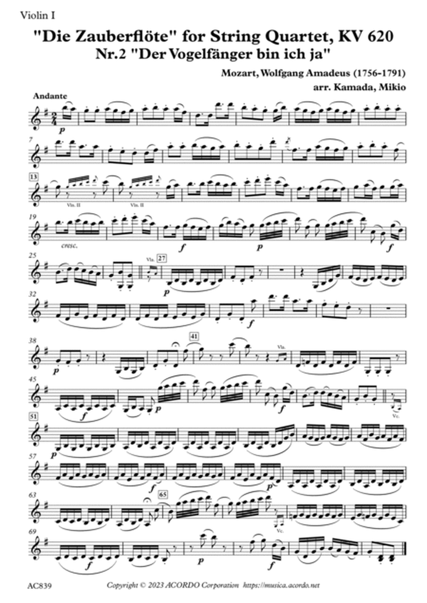 "Die Zauberflöte" for String Quartet, Nr.2 "Der Vogelfänger bin ich ja" image number null