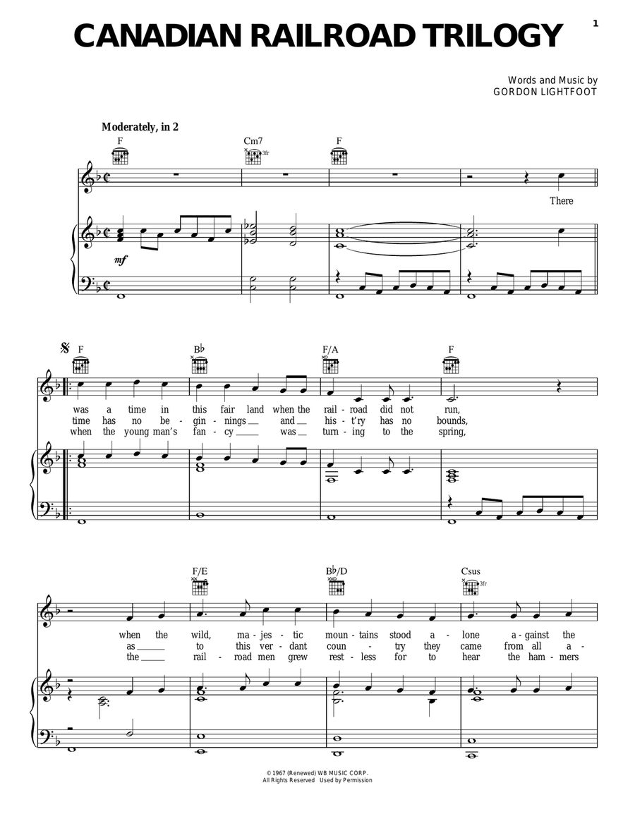 Canadian Railroad Trilogy Piano, Vocal, Guitar scores gallery preview page 1