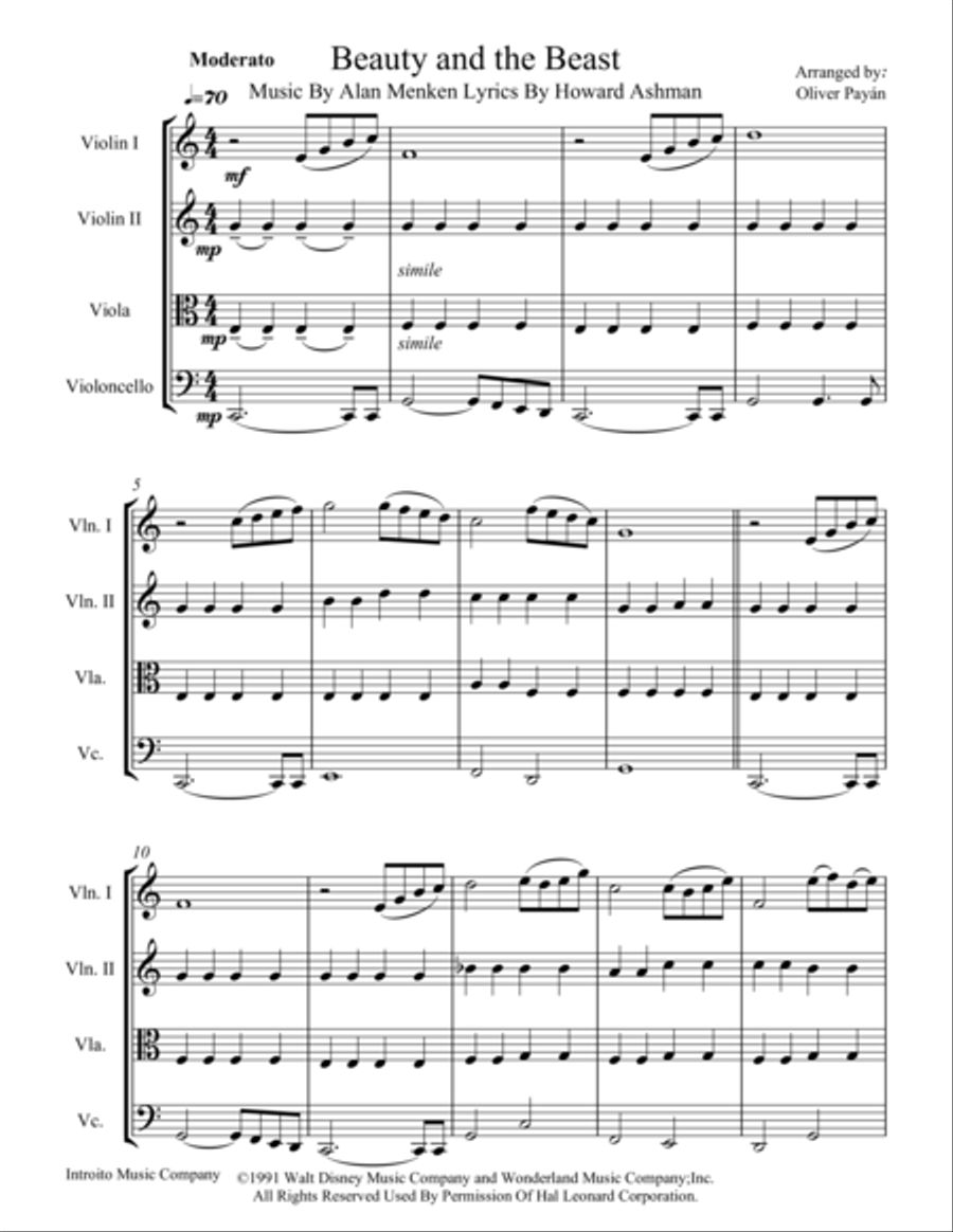 Beauty And The Beast Beauty And The Beast String Quartet scores gallery preview page 1