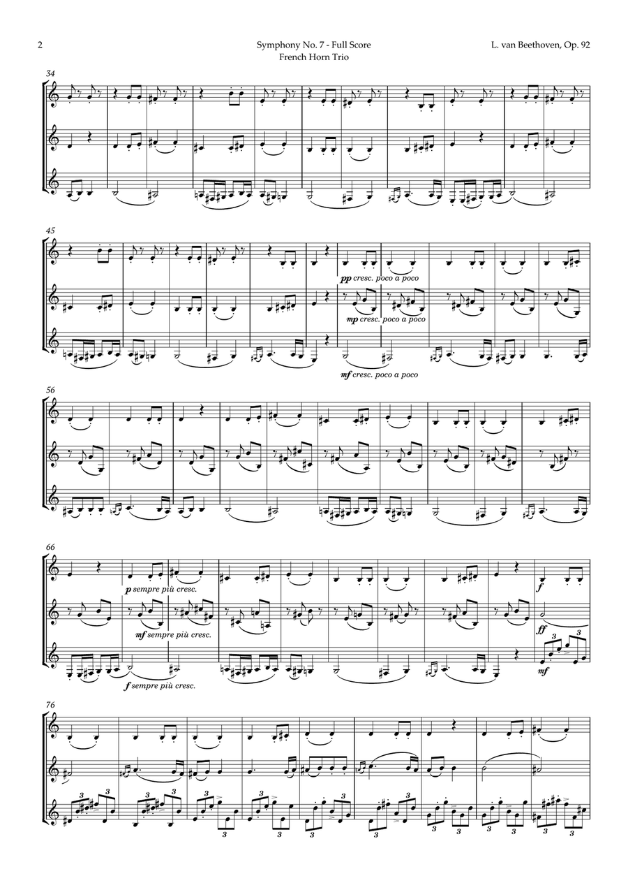 2nd Movement of Symphony No. 7 by Beethoven for French Horn Trio Brass Trio scores gallery preview page 2