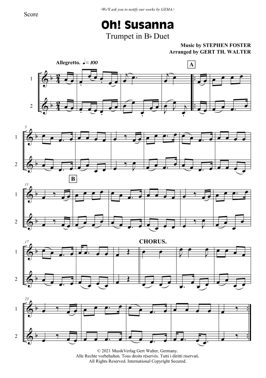 Oh! Susanna Trumpet Duet scores gallery preview page 1