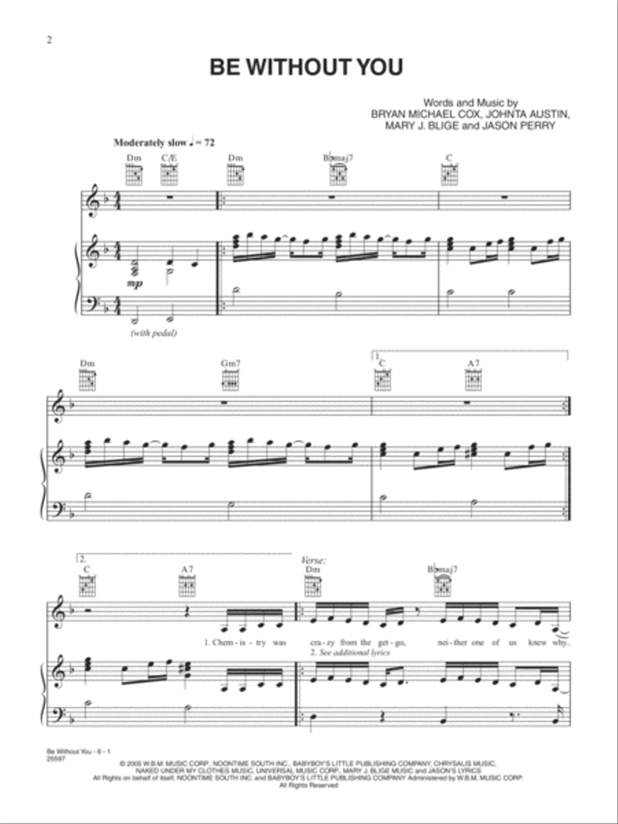 Be Without You Be Without You Piano, Vocal, Guitar scores gallery preview page 1