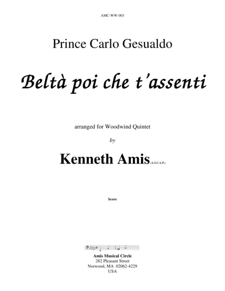 Beltà poi che t’assenti (for woodwind quintet)