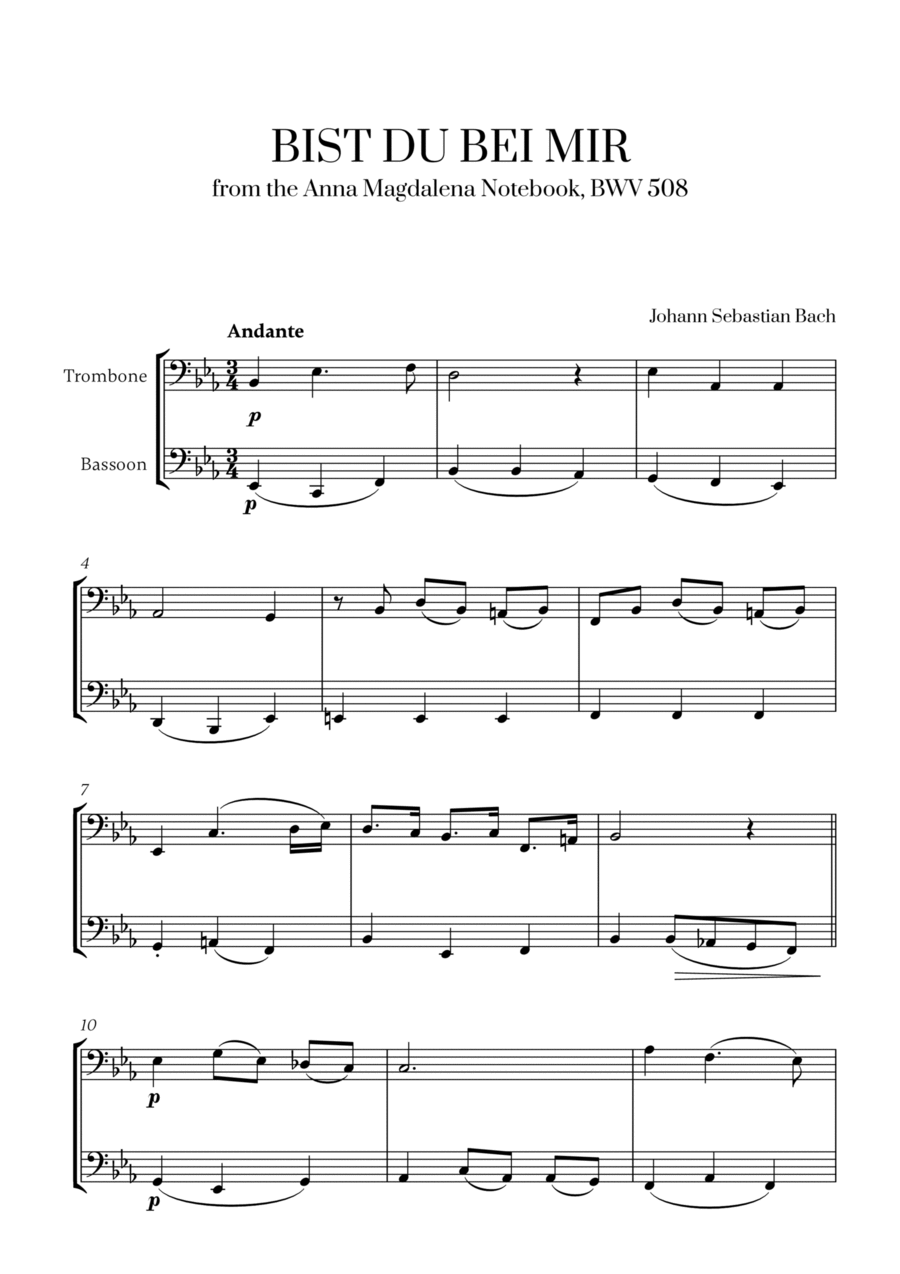 Johann Sebastian Bach - Bist du bei Mir (BWV 508) (for Trombone and Bassoon) Trombone Duet scores gallery preview page 1