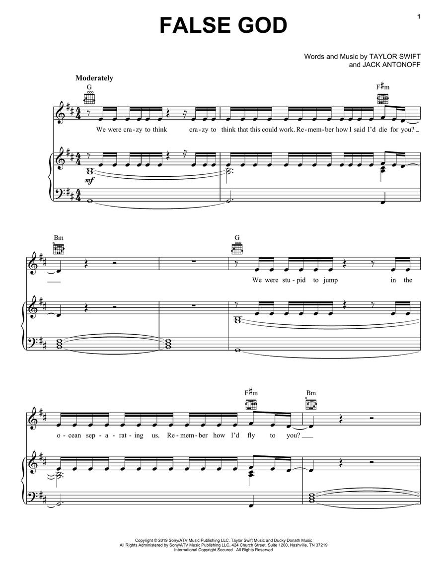 False God Piano, Vocal, Guitar scores gallery preview page 1