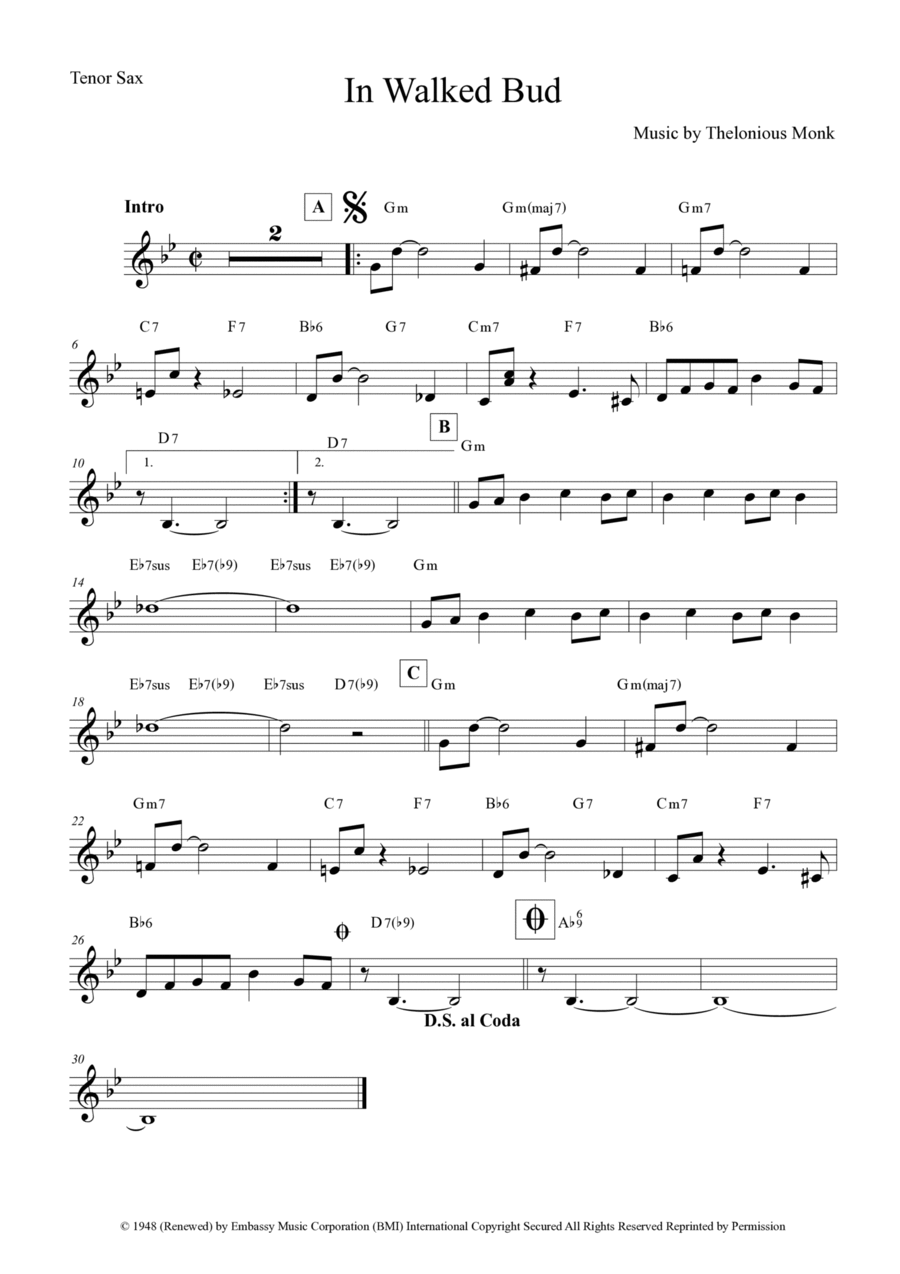 In Walked Bud Tenor Saxophone scores gallery preview page 1