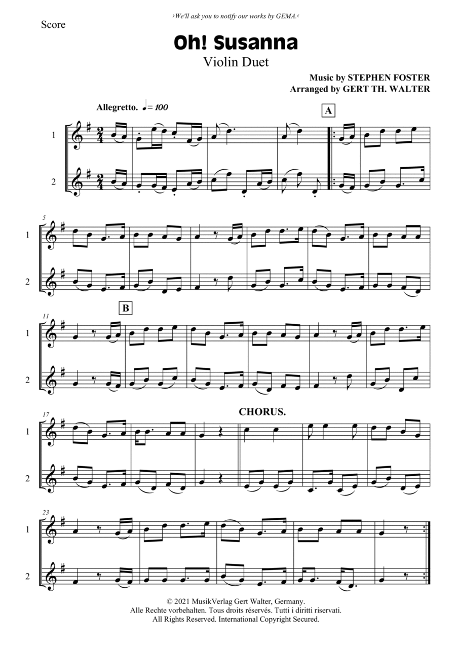 Oh! Susanna String Duet scores gallery preview page 1