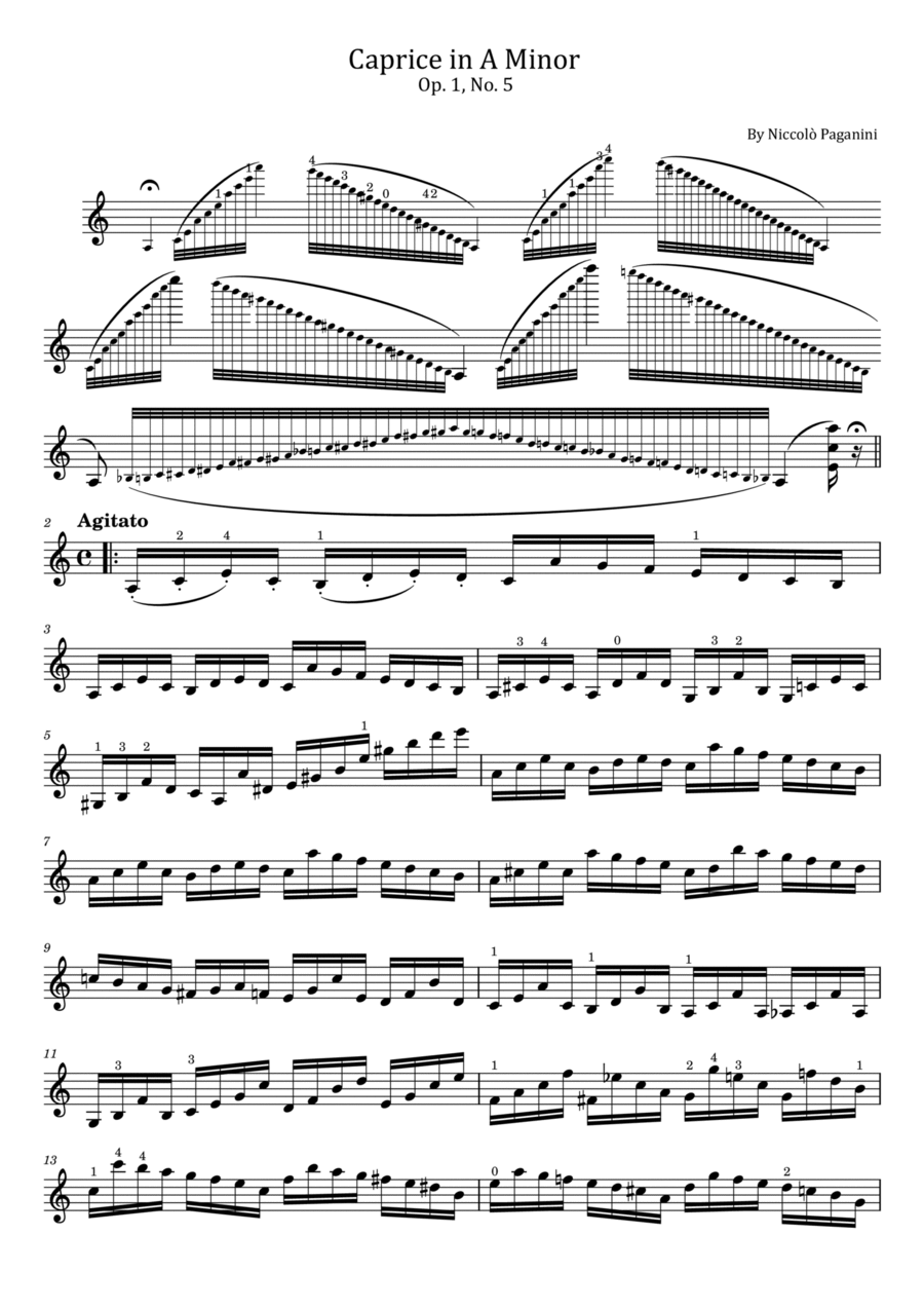 Paganini - Caprice in A Minor - Op. 1, No. 5 - For Violin Solo Original With Fingered Violin Solo scores gallery preview page 1