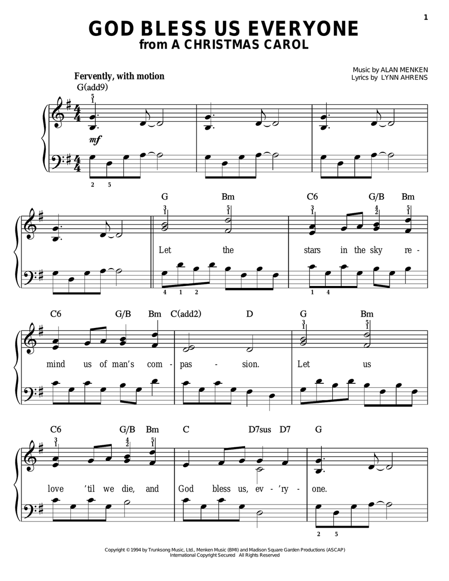 God Bless Us Everyone God Bless Us Everyone Easy Piano scores gallery preview page 1
