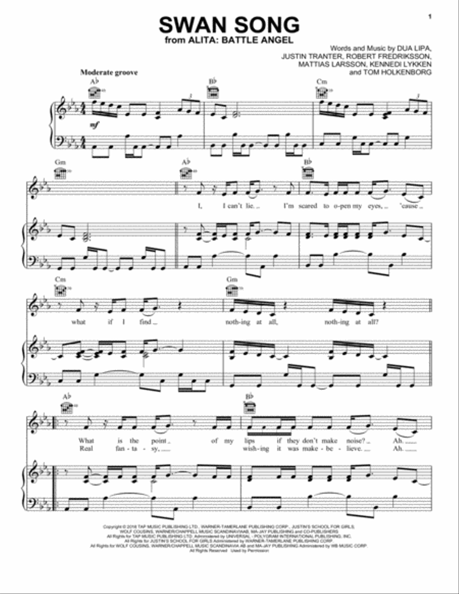 Swan Song (from Alita: Battle Angel) Piano, Vocal, Guitar scores gallery preview page 1