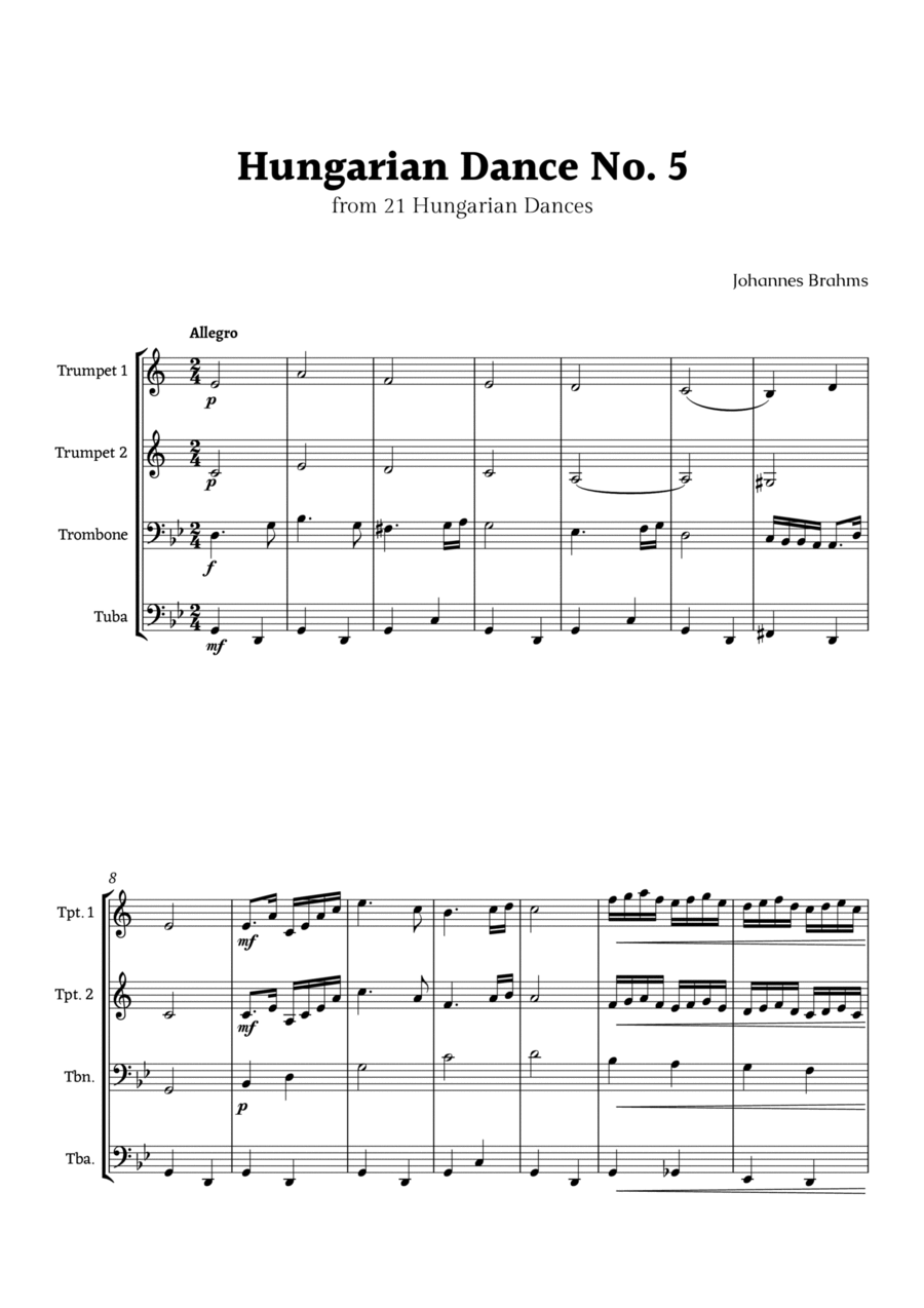 Hungarian Dance No. 5 by Brahms for Brass Ensemble Quartet Brass Quartet scores gallery preview page 1