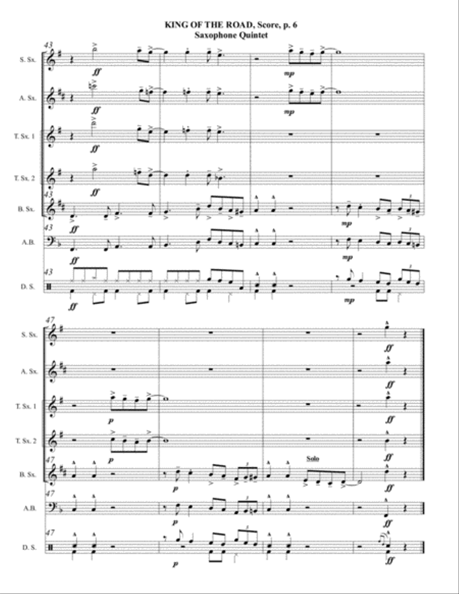 King Of The Road Saxophone Quintet scores gallery preview page 6