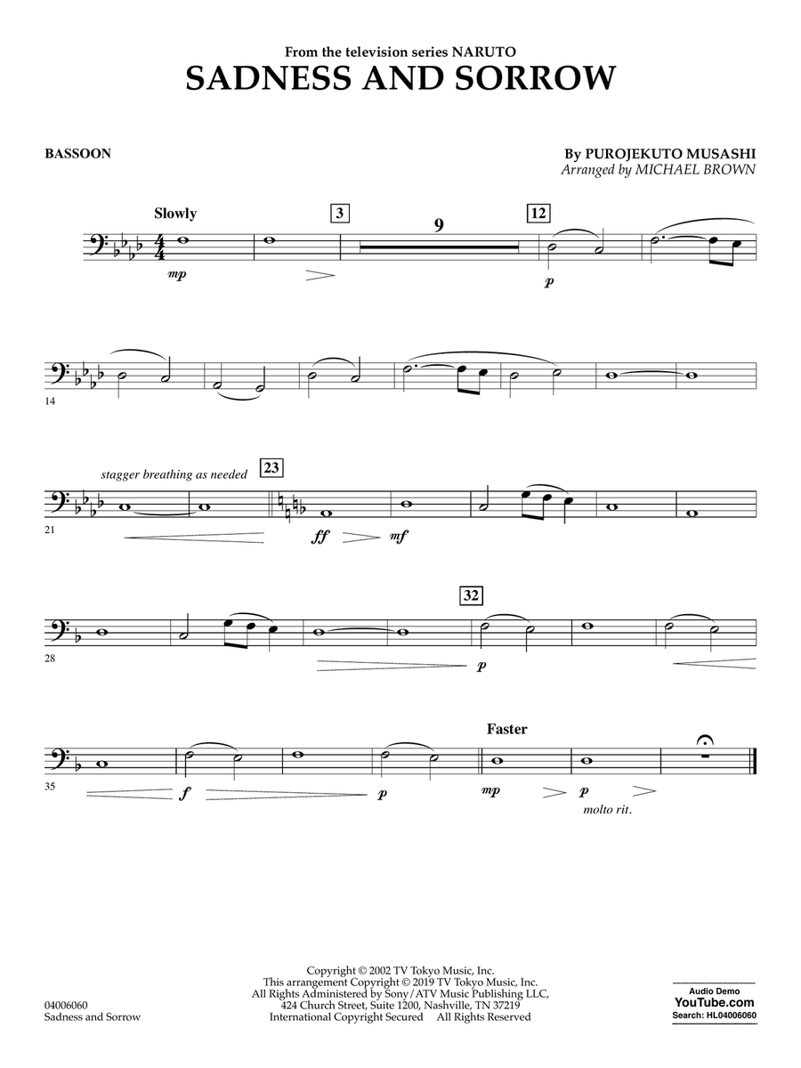 Sadness and Sorrow (from Naruto) (arr. Michael Brown) - Bassoon Concert Band scores gallery preview page 1