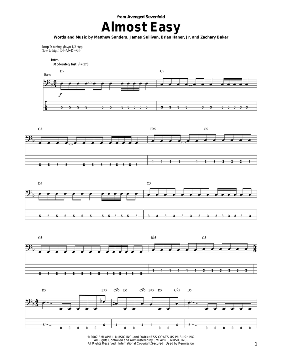Almost Easy Almost Easy Bass Guitar Tablature scores gallery preview page 1