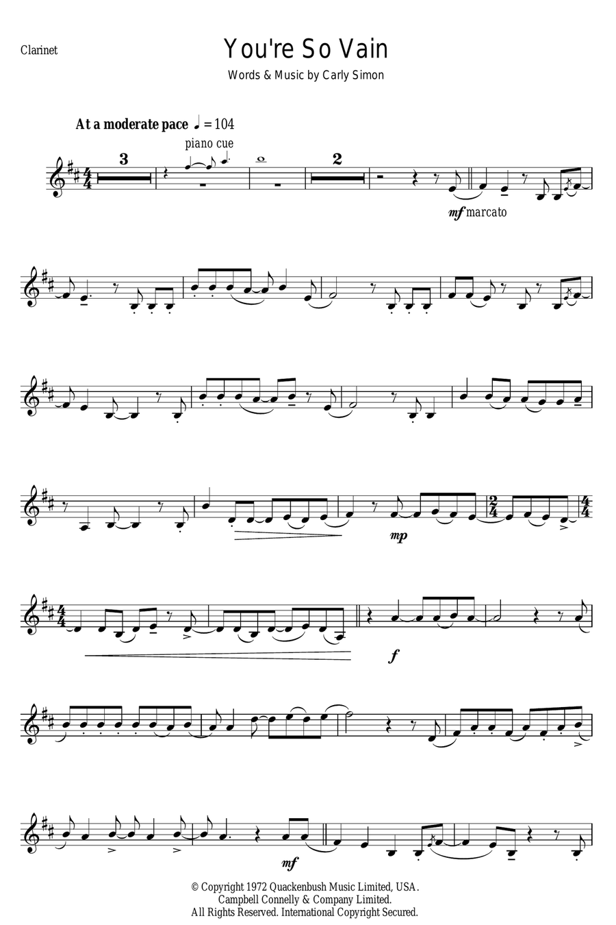 You're So Vain You're So Vain Clarinet Solo scores gallery preview page 1