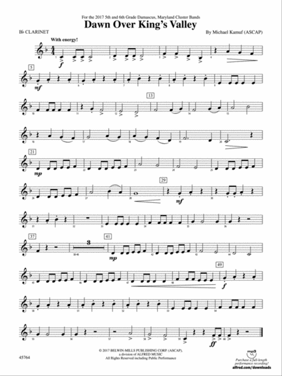 Dawn Over King's Valley: 1st B-flat Clarinet Concert Band scores gallery preview page 1