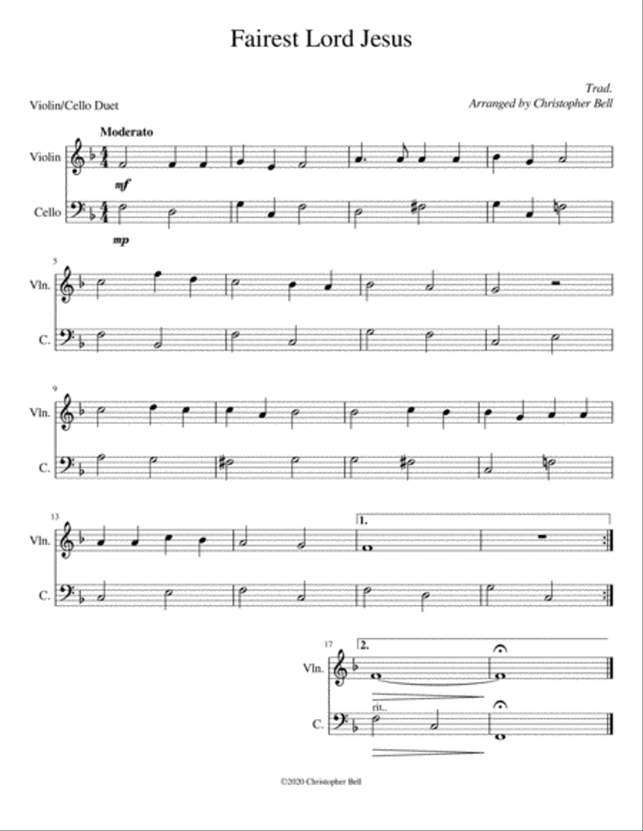 Fairest Lord Jesus - Easy Violin/Cello Duet image number null