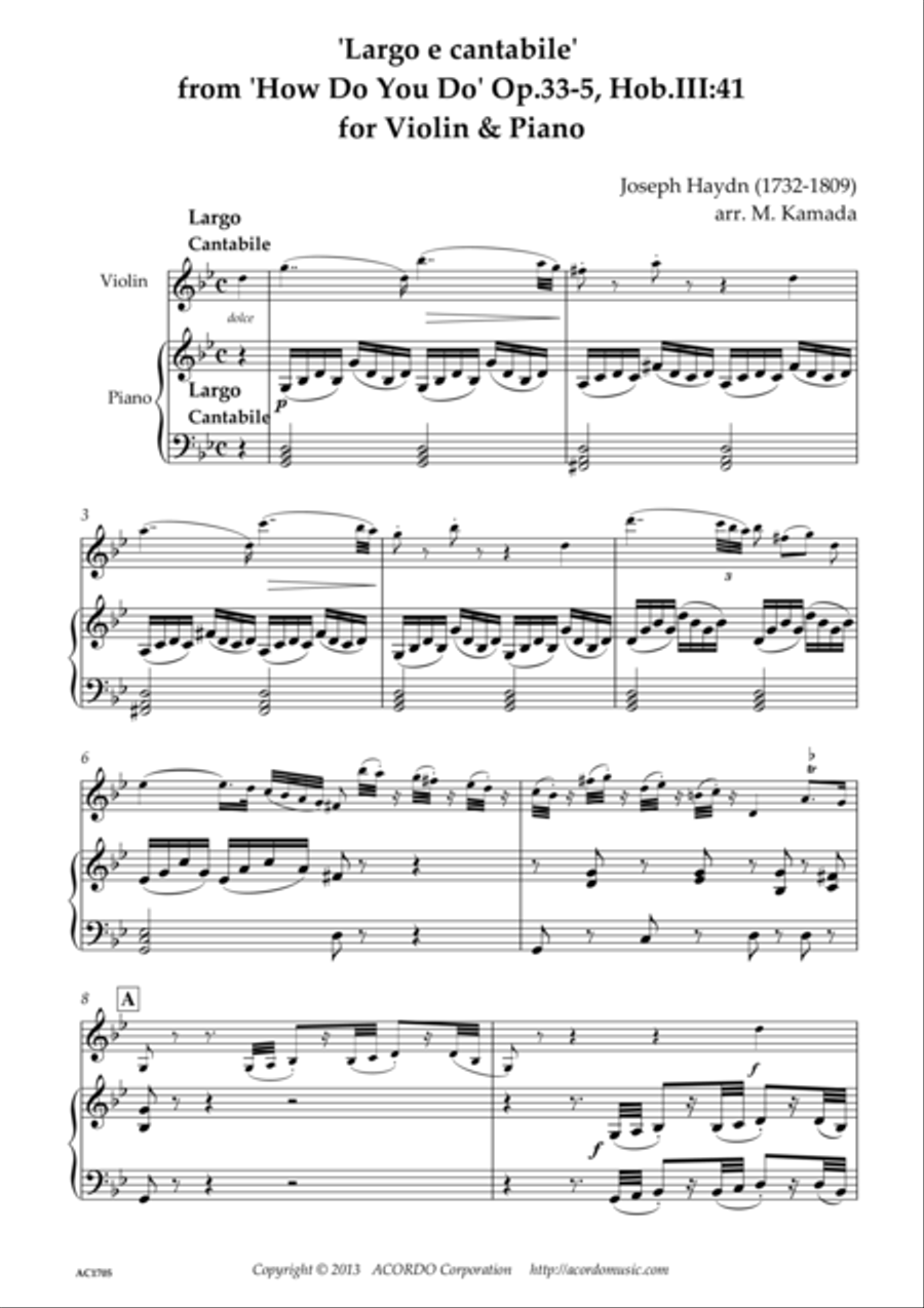 'Largo e cantabile' from 'How Do You Do' Op.33-5, Hob.III:41 for Violin & Piano Violin scores gallery preview page 1