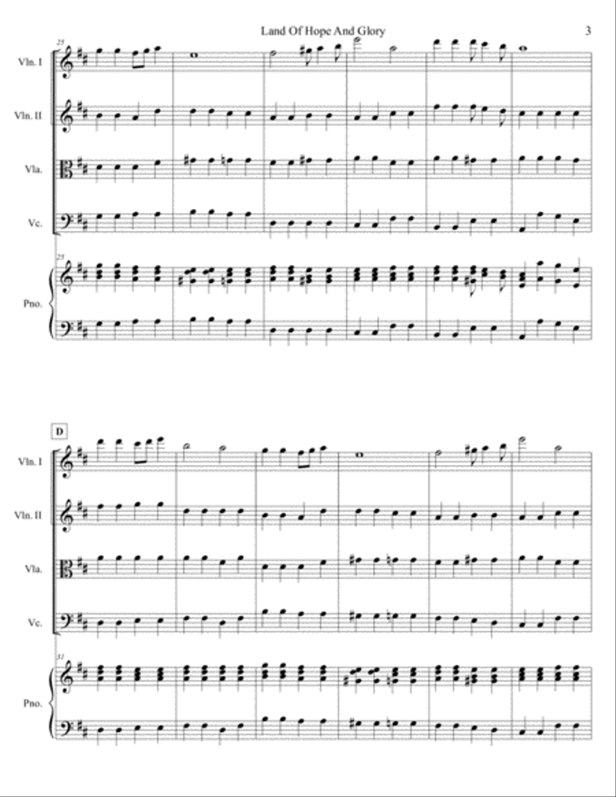 "Land of Hope and Glory" arr. for piano and string quartet (score and parts)